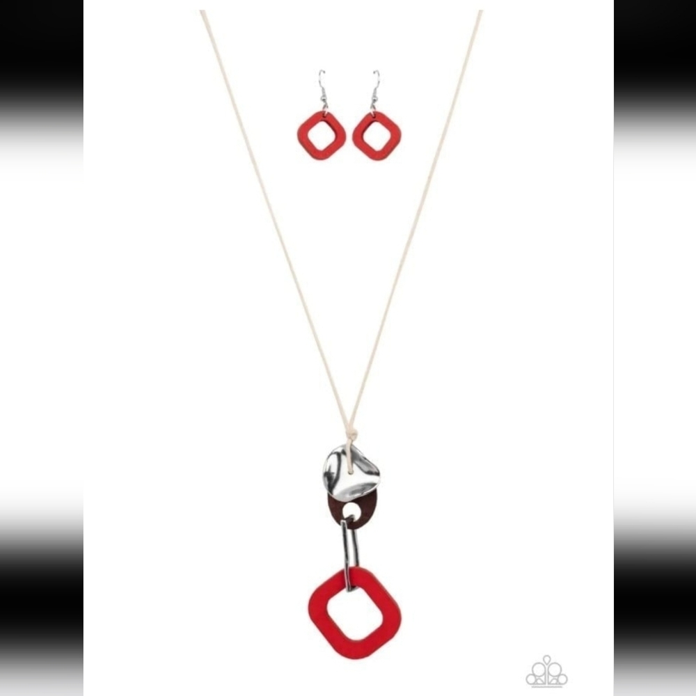 Paparazzi Red and Silver Modern Necklace Set Top Of The WOOD Chain Red Wooden - Picture 4 of 8